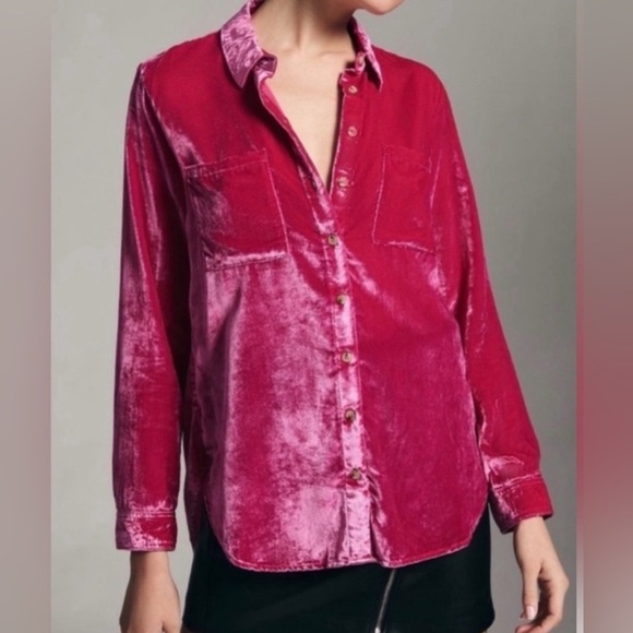 Anthropologie Pilcro Mara Relaxed Velvet Button Down Shirt Pink Size 6 - Picture 1 of 8
